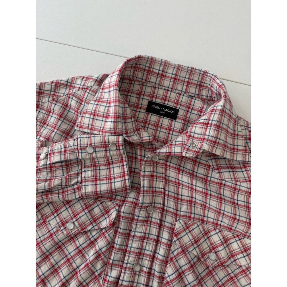 Spier & Mackay Shirt Men's Size 15 Slim Western patriotic Plaid Pearl Snap FLAW